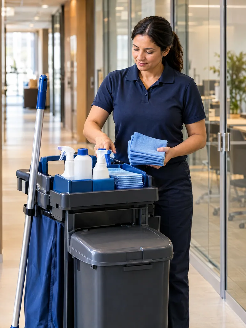 A cleaning professional preparing microfiber cloths and supplies on a housekeeping cart