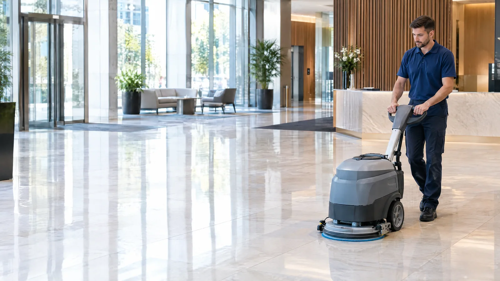 A cleaning professional operating a floor scrubber in a commercial lobby
