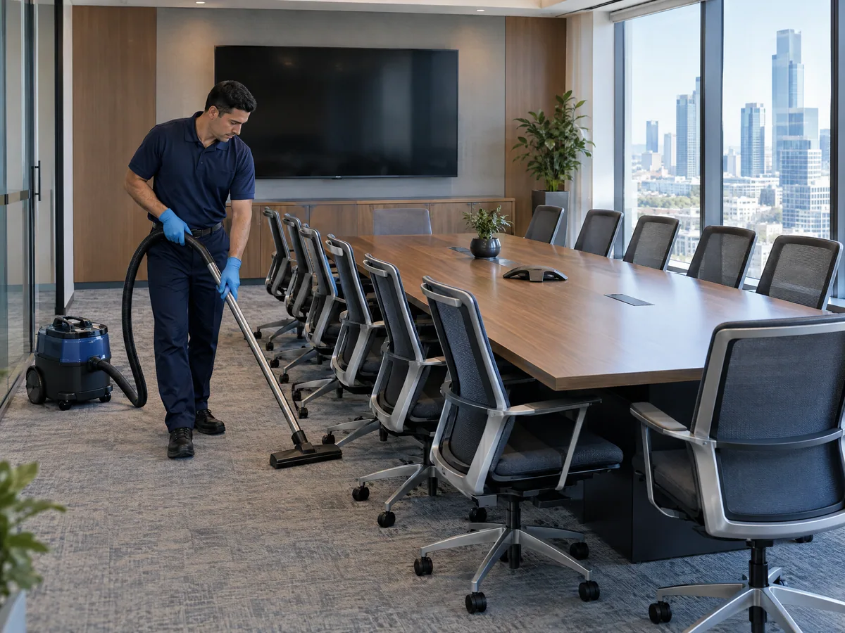 A cleaning professional vacuuming a bright commercial boardroom